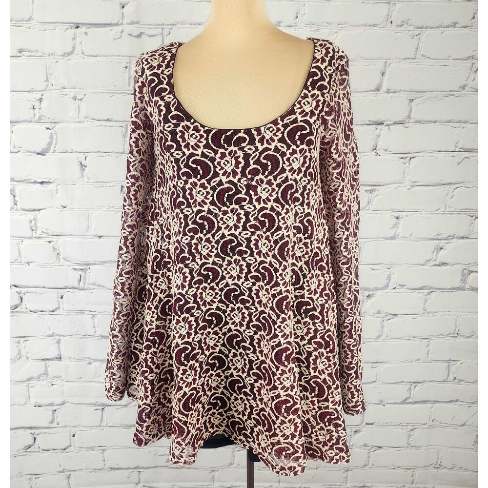 Show Me Your Mumu Mini Dress Womens S Burgundy Lace Cream long bell sleeves